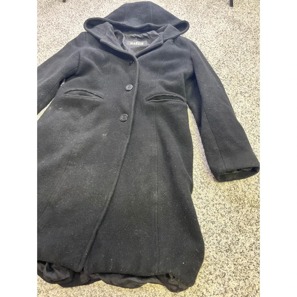 Marvin‎ Richards Black Hooded 100% Wool Overcoat Button Front USA Womens Medium